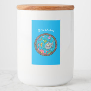 Sonnenseebewohner unter Wasser zeichnend Cartoon Lebensmitteletikett