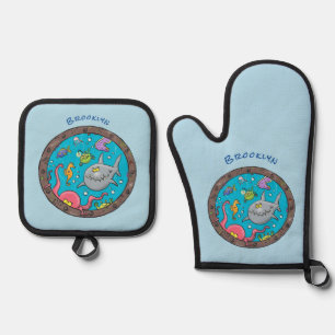 Sonnenseebewohner unter Wasser zeichnend Cartoon Ofenhandschuh & Topflappen-Set