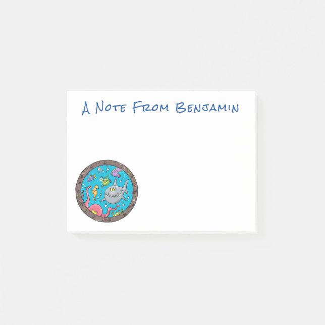 Sonnenseebewohner unter Wasser zeichnend Cartoon Post-it Klebezettel (Vorderseite)