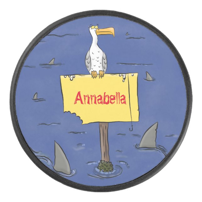 Sonnensevogel umkreist von Haifischen Cartoon Eishockey Puck (Vorderseite)
