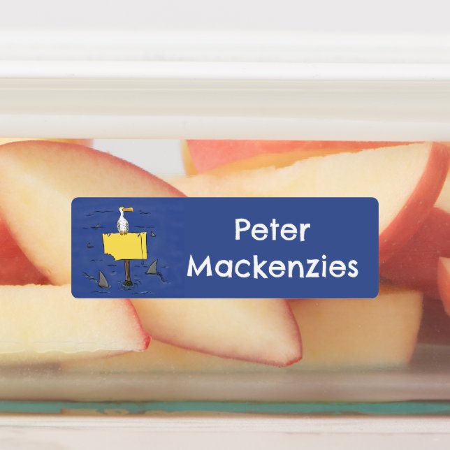 Sonnensevogel umkreist von Haifischen Cartoon Etiketten (Befestigt)