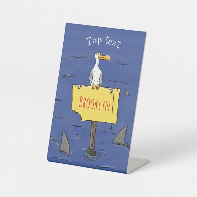 Sonnensevogel umkreist von Haifischen Cartoon Sockelschild (Vorderseite)