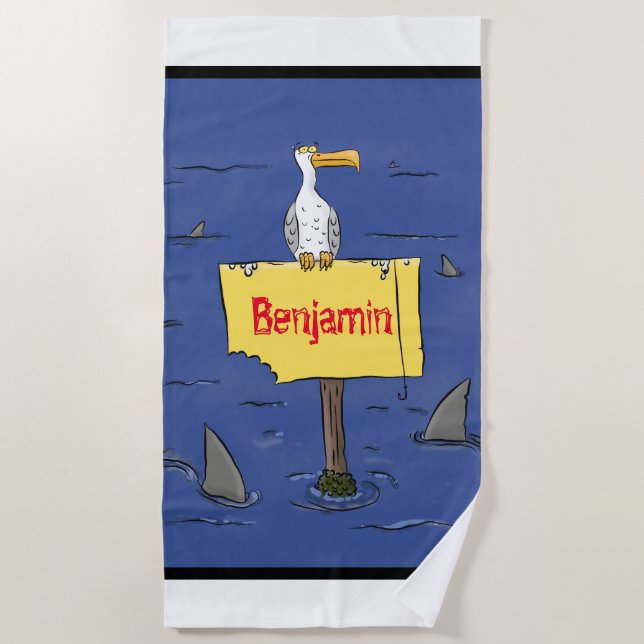 Sonnensevogel umkreist von Haifischen Cartoon Strandtuch (Vorderseite)