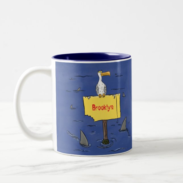 Sonnensevogel umkreist von Haifischen Cartoon Zweifarbige Tasse (Links)