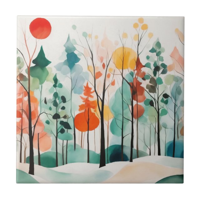 Sonnenstrahlen im Herbst Abstrakter Wasserfarbenwa Fliese (Vorderseite)