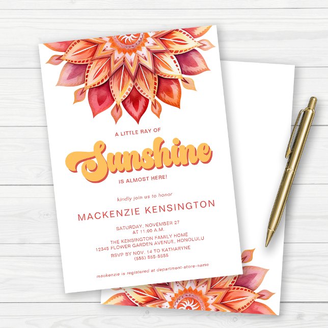 Sonnenstrahlen Pink Yellow Retro Boho Babydusche Einladung (Little Ray of Sunshine Retro Boho Baby Shower Invitation)
