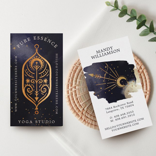 Sonnenstrahlen und dunkle Mondfarben Visitenkarte (Holistic Celestial Sun & Moon Dark Ink Monogram Business Card)