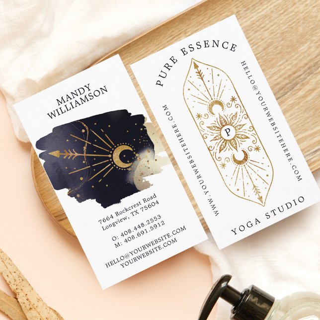 Sonnenstrahlen und dunkle Mondfarben Visitenkarte (Holistic Celestial Sun & Moon Dark Ink Monogram Business Card)