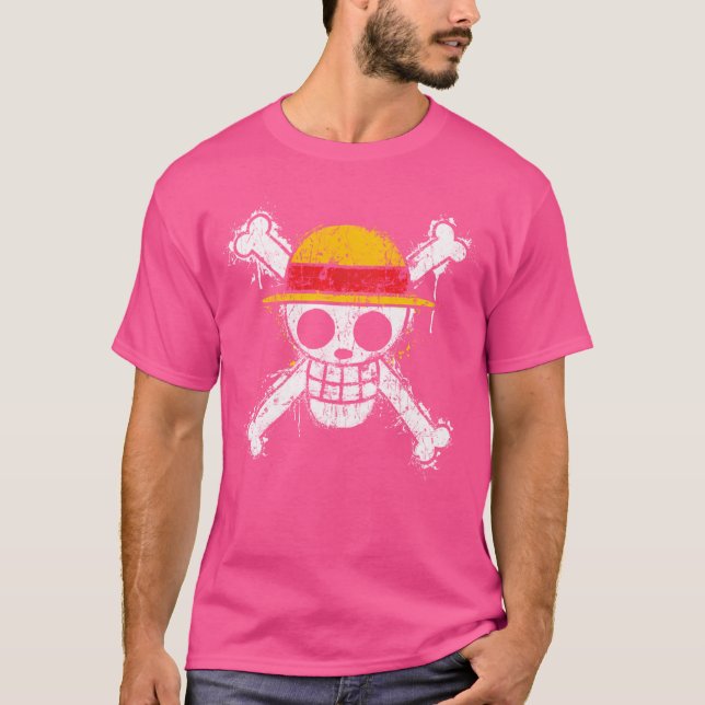 Sonnenstroh hat Piratenschädel und Knochen überque T-Shirt (Vorderseite)
