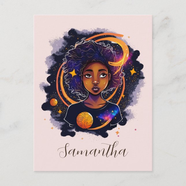 Sonnensystem Afro Woman Postkarte (Vorderseite)