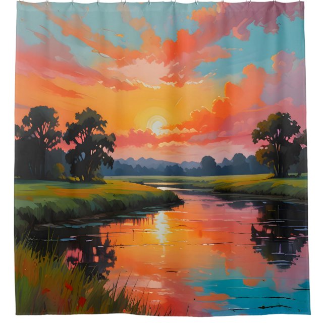 Sonnenuntergang am Fluss Duschvorhang (Vorderseite)