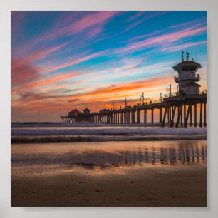 Sonnenuntergang am Huntington Beach Pier in Kalifo Poster