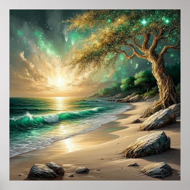 Sonnenuntergang am ruhigen Strand mit mystischem B Poster (Vorne)