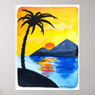 Sonnenuntergang am Strand - Aquarellfärbung Poster