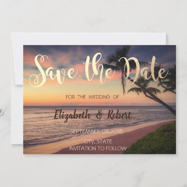 Sonnenuntergang am Strand Hochzeit, Palmen Save th Save The Date (Vorderseite)