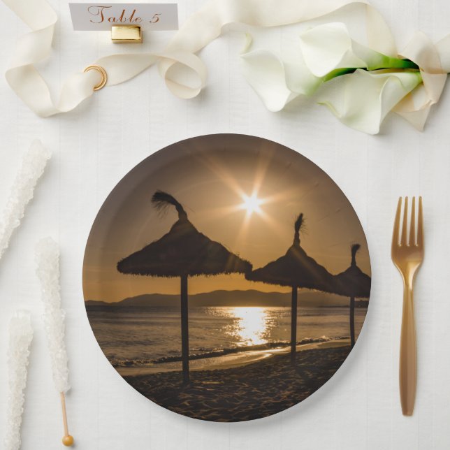 Sonnenuntergang am Strand, Mallorca, Spanien Pappteller (Hochzeit)