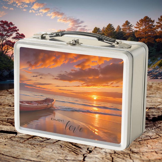 Sonnenuntergang am Strand Metall Brotdose (Lunch Box featuring a painting of a sunset on the beach with a rowing boat)
