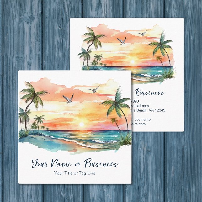 Sonnenuntergang am Strand mit tropischer Palme Quadratische Visitenkarte (Watercolor Tropical Palm Tree Beach Sunset Square Business Card)
