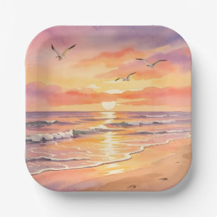 Sonnenuntergang am Strand mit Vögeln Pappteller