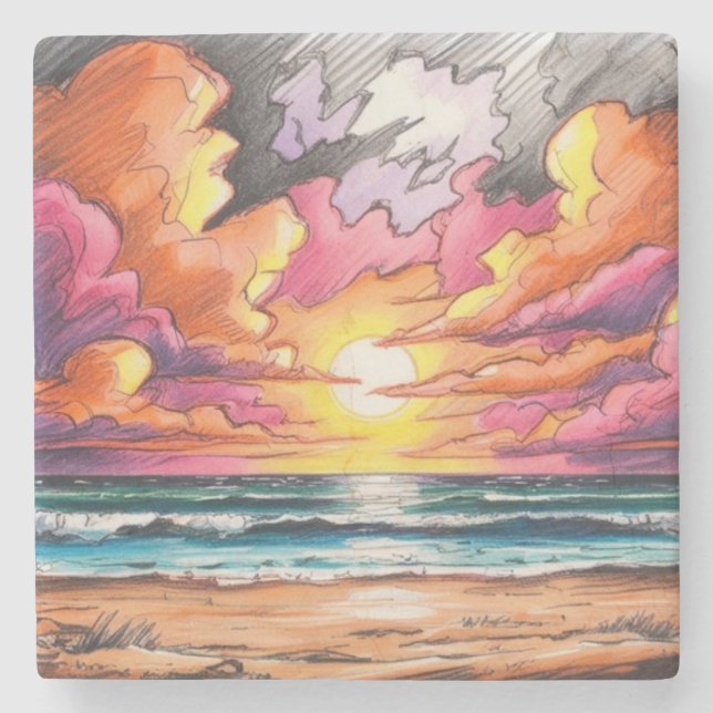 Sonnenuntergang am Strand Steinuntersetzer (Vorderseite)