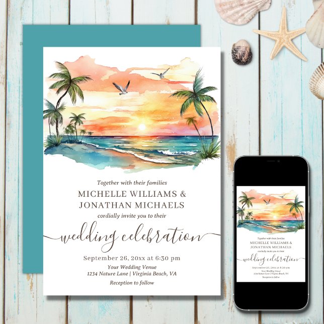 Sonnenuntergang am tropischen Strand Einladung (Printed (Front and Back) and Digital - Tropical Beach Palm Trees Destination Wedding Invitation)