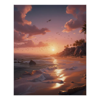 Sonnenuntergang an einem tropischen Strand Poster