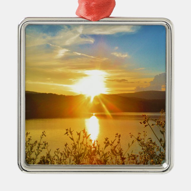 Sonnenuntergang auf dem Bergsee Arrowhead Silbernes Ornament (Vorne)