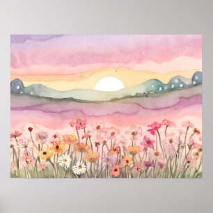 Sonnenuntergang auf dem Feld Karlsbad Blume Aquare Poster