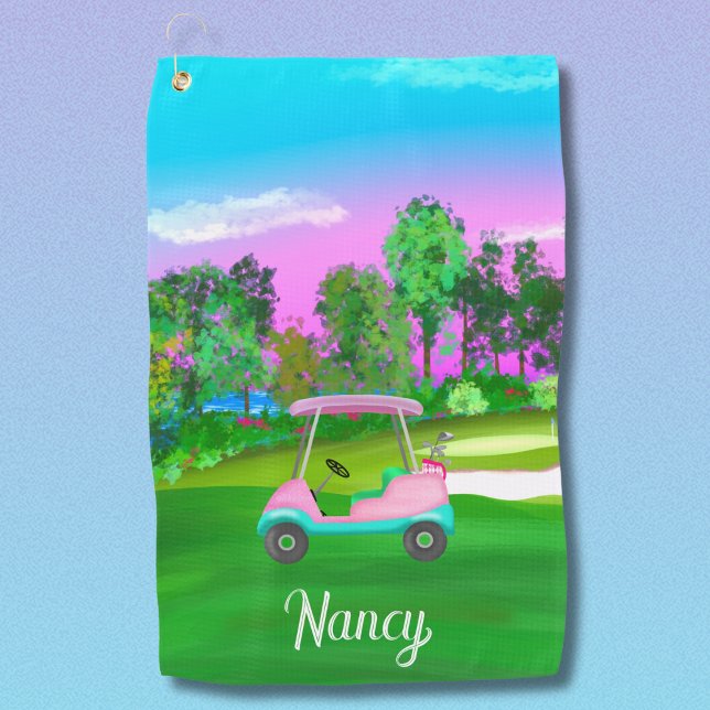 Sonnenuntergang auf dem Golfplatz Pink Leather Gol Golfhandtuch (Von Creator hochgeladen)