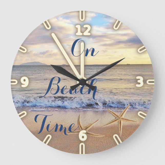 Sonnenuntergang auf dem Strand, Seesterne Große Wanduhr (Vorderseite)