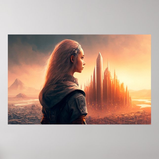 Sonnenuntergang auf einer Stadt der Zukunft Poster (Vorne)