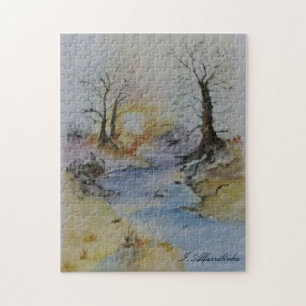 Sonnenuntergang auf Fluss und Landschaft Puzzle