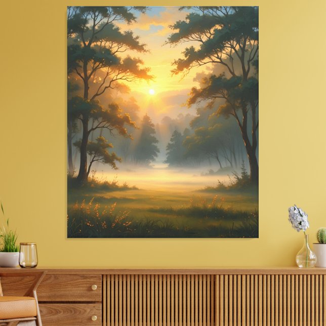 Sonnenuntergang Bergwald Landschaft mit zwei Bäume Leinwanddruck (Insitu (Wohnzimmer))