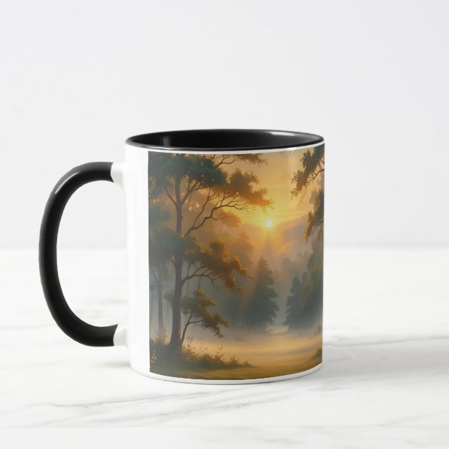 Sonnenuntergang Bergwald Landschaft mit zwei Bäume Tasse (Links)