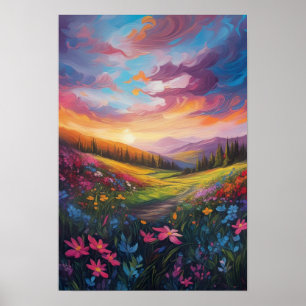 Sonnenuntergang, Blüten im Glanz Poster