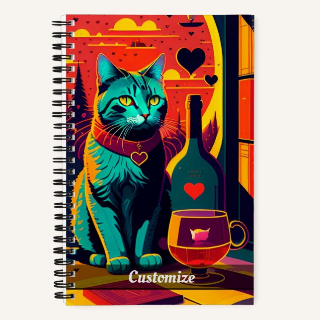 Sonnenuntergang Cat Books und Wine Custom Notebook Notizbuch (Vorderseite)