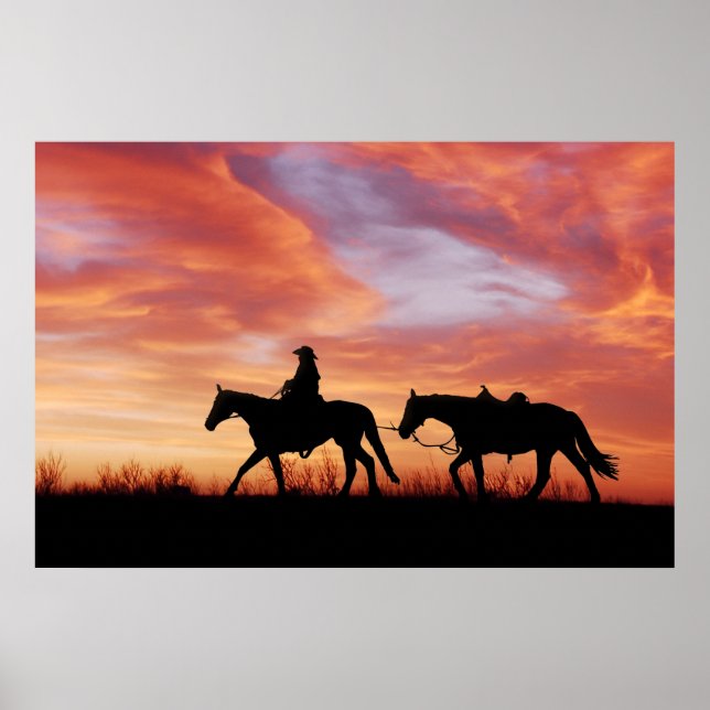 Sonnenuntergang Cowboy und Pferd-Silhouette Poster (Vorne)