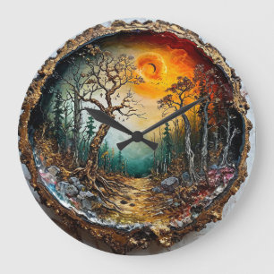 Sonnenuntergang der Waldbäume Große Wanduhr