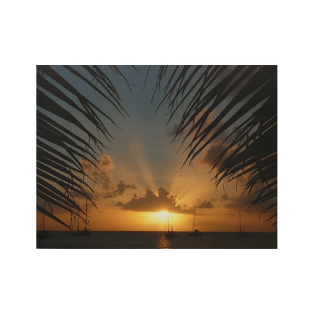 Sonnenuntergang durch die tropische Küste der Palm Holzposter (Vorderseite)