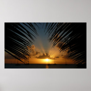 Sonnenuntergang durch die tropische Küste der Palm Poster