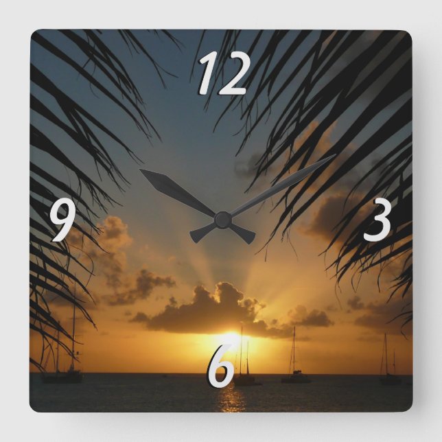Sonnenuntergang durch die tropische Küste der Palm Quadratische Wanduhr (Vorderseite)