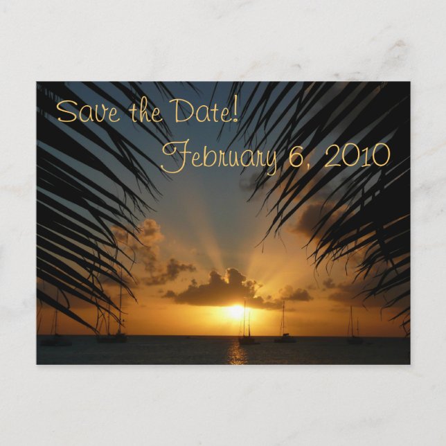 Sonnenuntergang durch Palmfronten Save the Date Po Ankündigungspostkarte (Vorderseite)