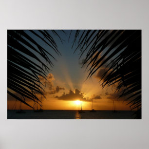 Sonnenuntergang durch Palmwedel Tropische Meeresla Poster