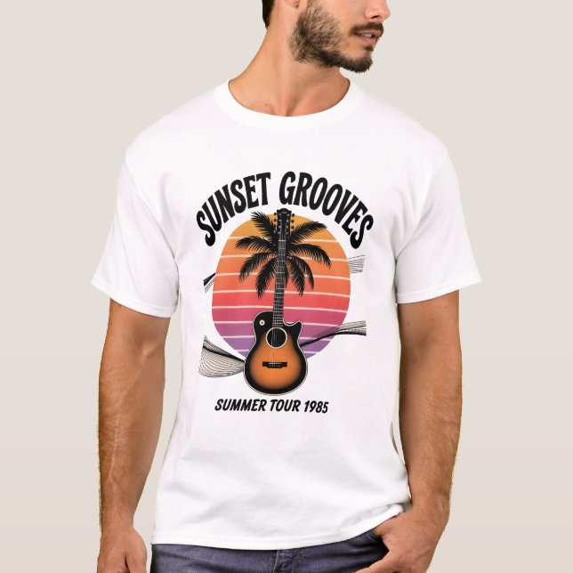 Sonnenuntergang Grooves Vintage Gitarre Palm Tree  T-Shirt (Vorderseite)