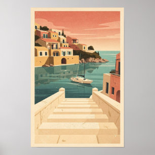 Sonnenuntergang-Hafen-Treppen-Retro-Reiseposter Poster
