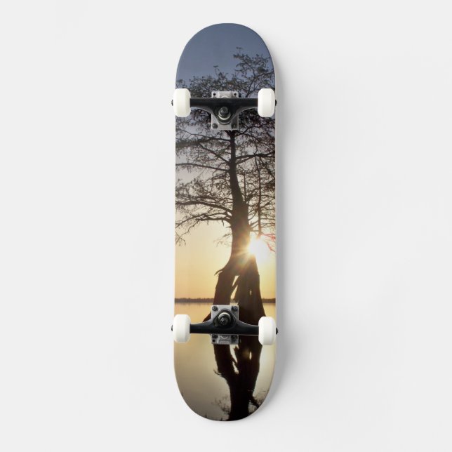 Sonnenuntergang hinter einem Baum Skateboard (Vorderseite)
