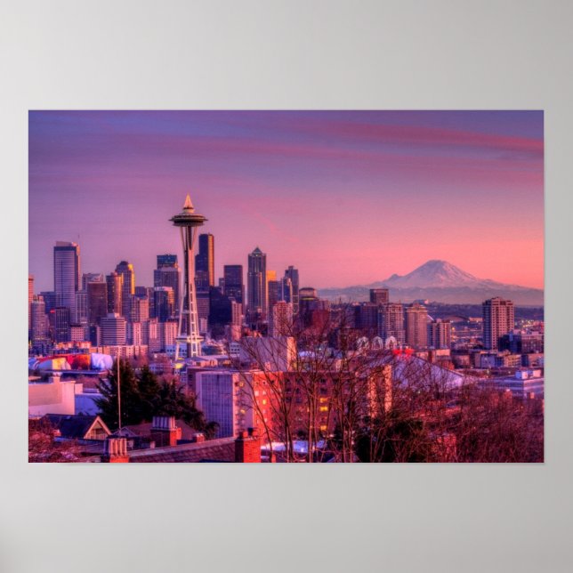 Sonnenuntergang hinter Seattle Skyline von Kerry P Poster (Vorne)