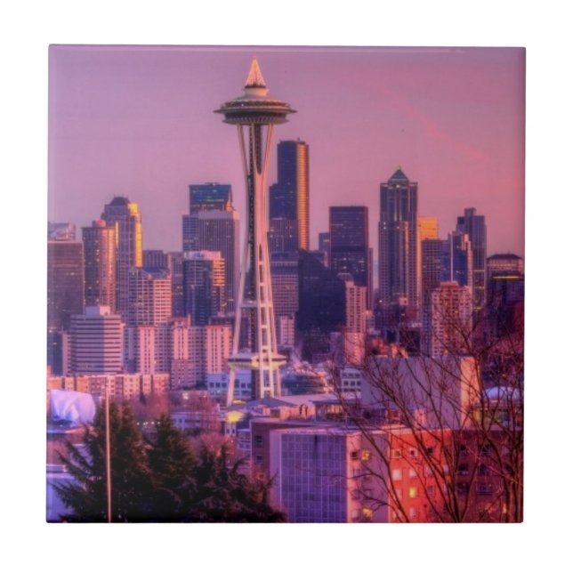 Sonnenuntergang hinter Seattle-Skylinen von Fliese (Vorderseite)