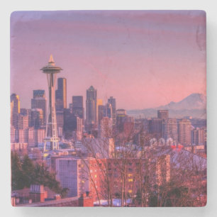 Sonnenuntergang hinter Seattle-Skylinen von Steinuntersetzer