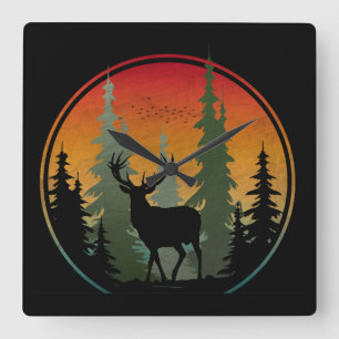 Sonnenuntergang Hirsch Natur Wald Tier Quadratische Wanduhr